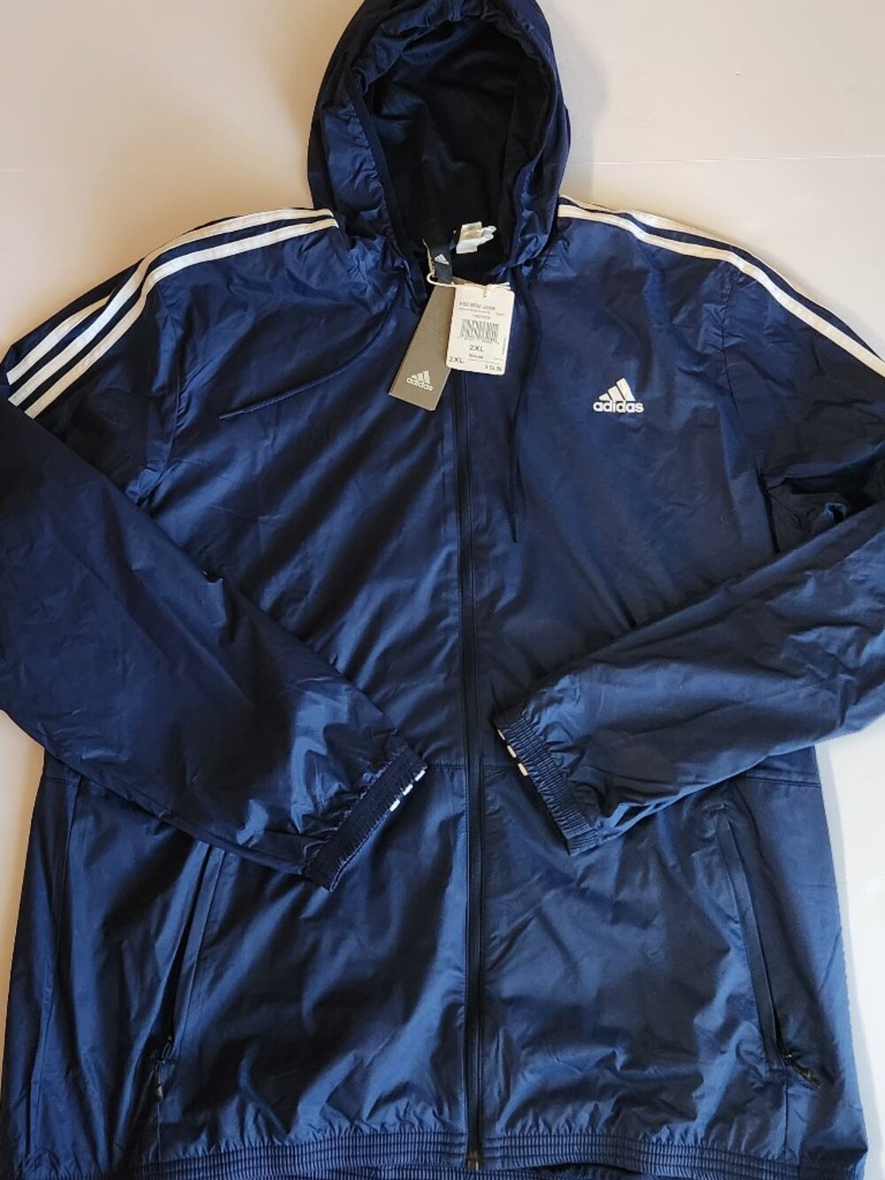 Men's Adidas Hooded Windbreaker XXL Full Zip Jacket Blue With 3 White Stripes